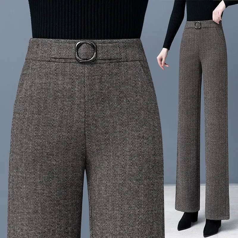 

Весенне-осенние женские свободные брюки женские элегантные вертикальные широкие брюки с высокой талией и карманами женские расклешенные б...