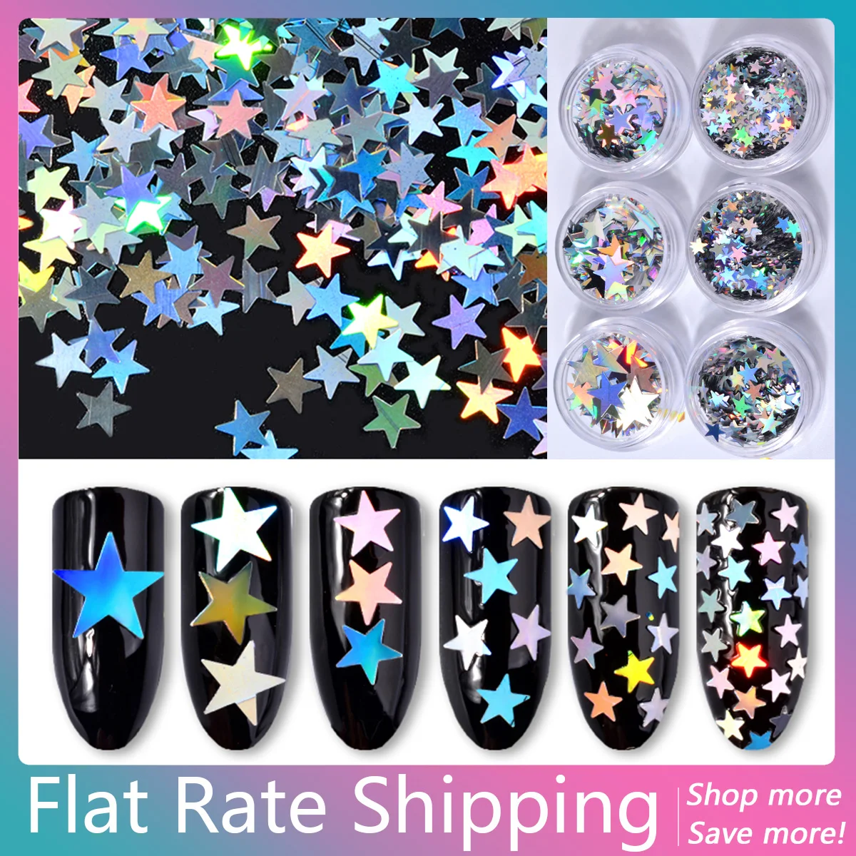 

Flat Rate Shipping 6Pcs Silver Star Glitter Sequins Gorgeous Laser DIY Nail Art Accessories 3D Manicure Nail Art Decoration