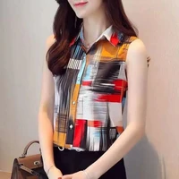 fashion lapel sleeveless printed spliced button chiffon shirt summer office lady tops plus size casual womens clothing blouse