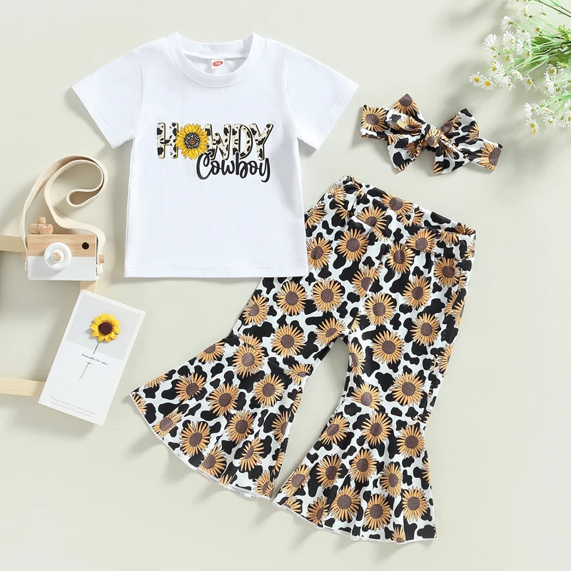 

Fashion Summer Toddler Kids Baby Girls Clothes Sets 6M-4Y Sunflower Letter Print Cotton Short Sleeve T-shirts+Flare Long Pants