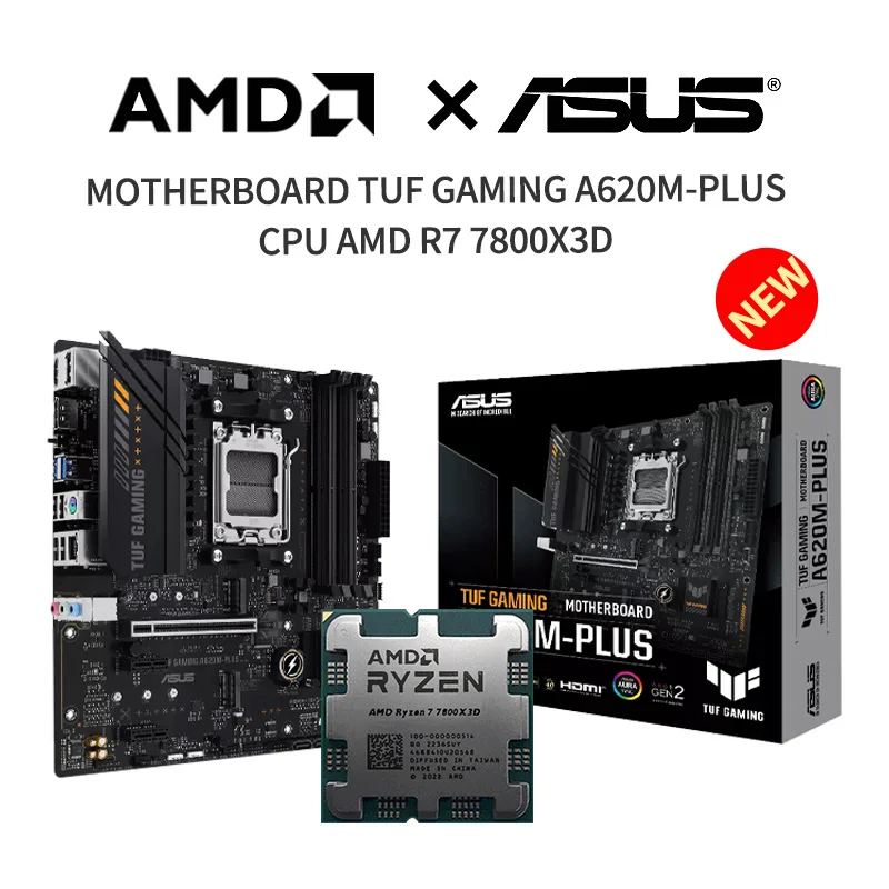 

New ASUS TUF GAMING A620M-PLUS Motherboard + AMD R7 7800X3D CPU Suit Socket AM5 Without Fan
