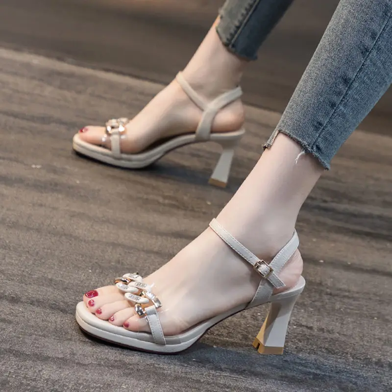 

Genuine Leather Free Shipping Women Summer 2022 Fashion Sandals Ladies Square Heels Mujer Dress Shoes Femme 7.5cm High Heel Shoe