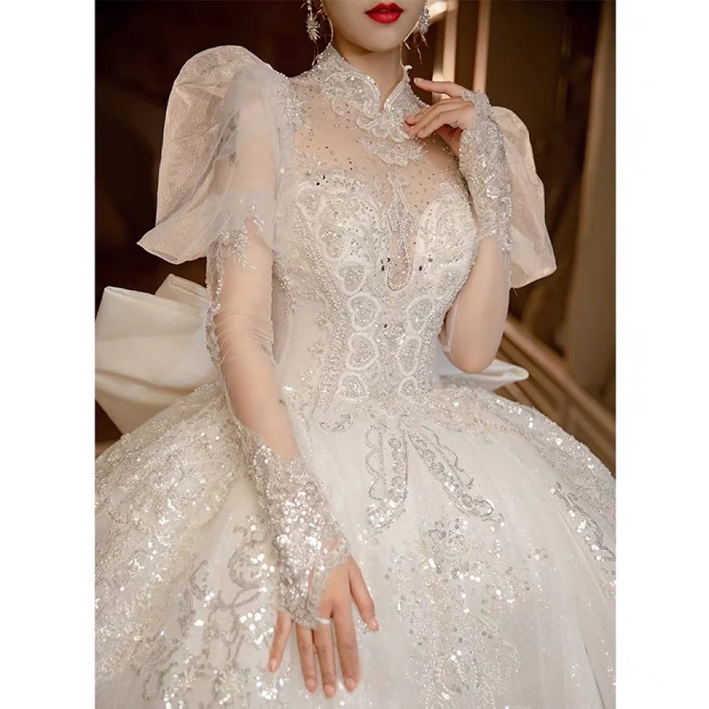 Gorgeous Wedding Dress Puff Long Sleeve Backless With Big Bow High Collar Lace Up Applique Sequined Sweep Train Bridal Gowns New