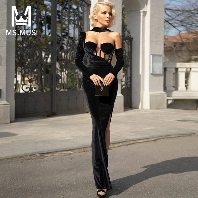 

Новинка 2023, Модный женский сексуальный комплект из трех предметов MSMUSI, облегающий женский кружевной сетчатый корсет без бретелек, длинное платье на одно плечо, комплект