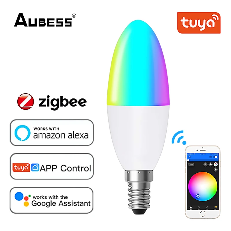 

Умная Светодиодная лампа Tuya Zigbee, приглушаемая лампа E14 RGB CW, с голосовым управлением, волшебная лампа 5 Вт, работает с Alexa Google Home Assistant