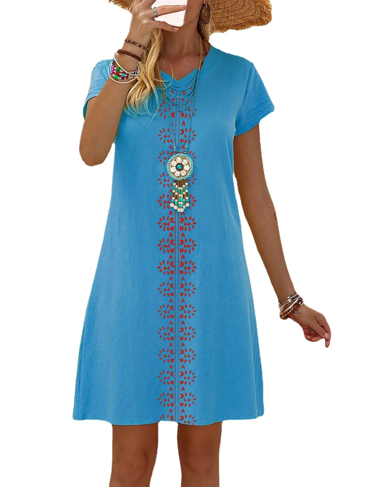 

2022 New Summer Dresses Women Casual Short Sleeve v-Neck Print A-line Dress Large Size Streetwear Sundress Loose Dress Vestidos