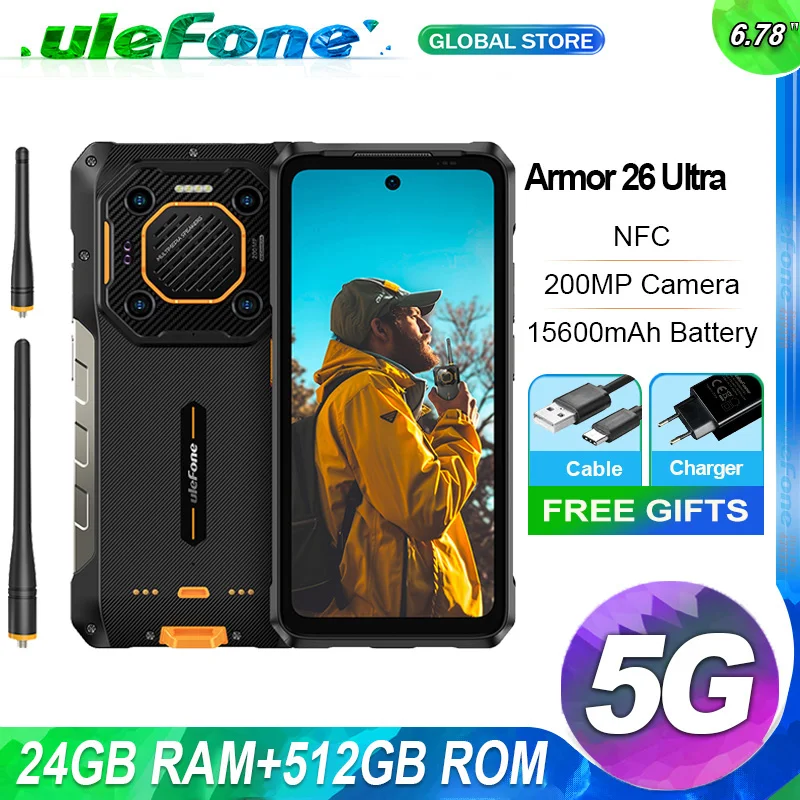Фото Ulefone Armor 26 Ultra Walkie Talkie, Защищенный телефон 5G, 120 Вт, 15600 мАч, 200 МП + 64 МП + 50 МП, NFC, водонепроницаемый смартфон, до 24 ГБ ОЗУ, 512 ГБ ПЗУ, 6,78“, 120 Гц, Android 13 прочный №1