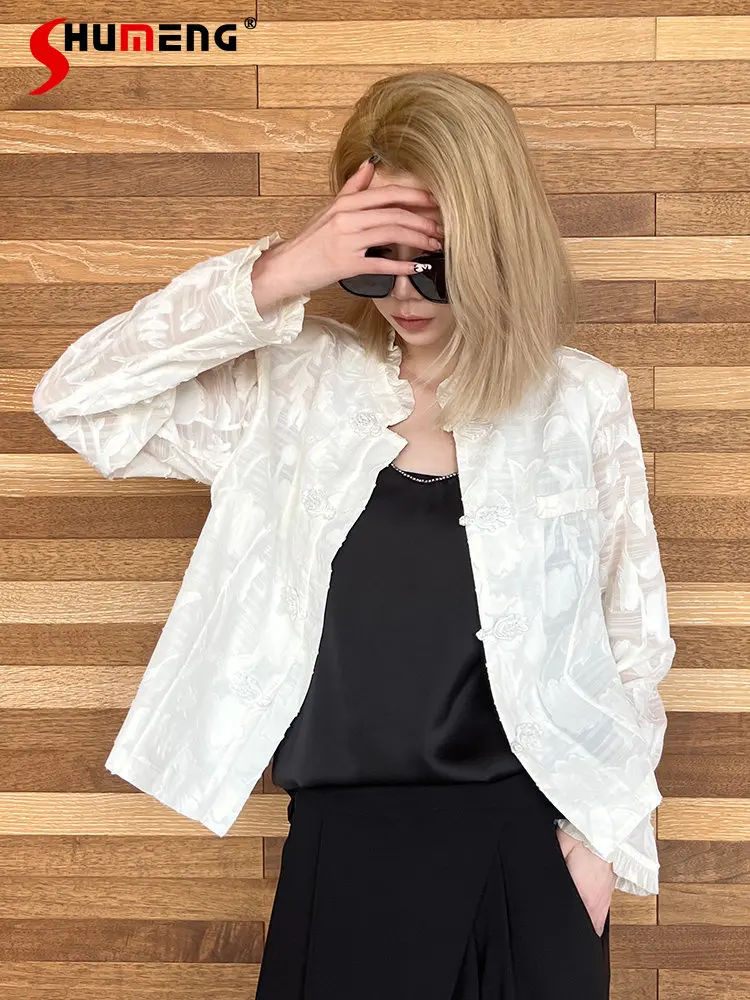 

Женский бежевый кардиган в национальном стиле, новая летняя рубашка с воротником-стойкой и защитой от солнца, Кардиган с длинным рукавом