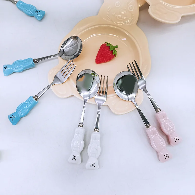 

Cute Bear Spoon Fork Ceramic Dessert Spoons Dinnerware Cutleries Cartoon Spoon Fork Butter Kinfe Set 304 Stainless Steel