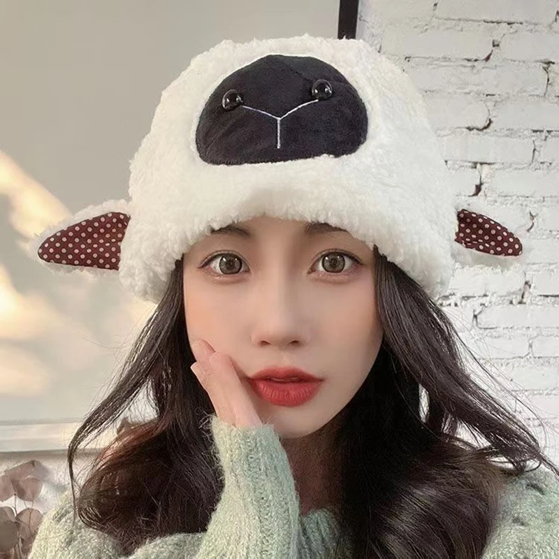 

Winter Hat Beanies Caps Female Sweet Lovely Lamb Ear Protection Hats Cartoon Sheep Warm Bomber Skullies Beanies Caps Bone gorras