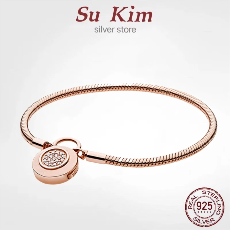 

New Fit Original luxury 925 Sterling Silver pan bracelet love heart Snake Chain Charms Bangle For Women DIY high quality Jewelry