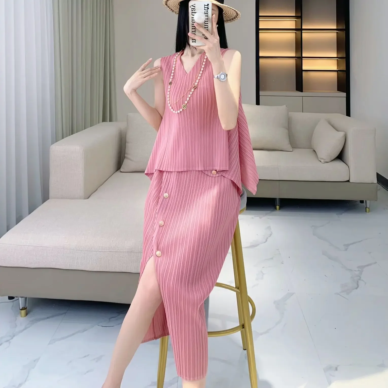 Женский плиссированный костюм с юбкой однотонный Свободный Топ без рукавов