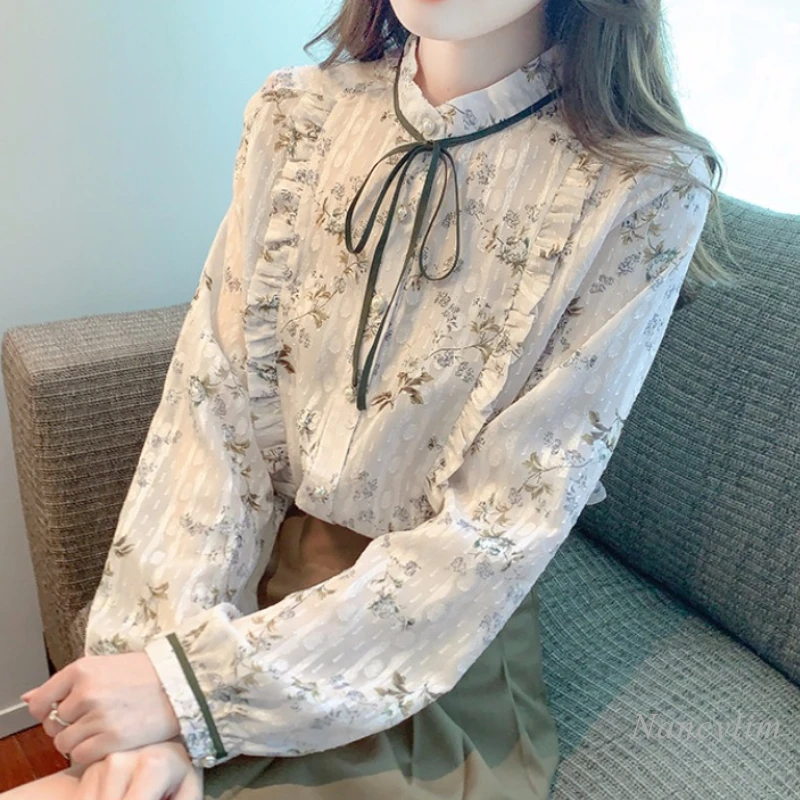 

2023 Autumn Floral Chiffon Shirt Women's Fall Long Sleeve Top New Design Sense Super Fairy Ruffled Collar Buttons Blouses Blusa