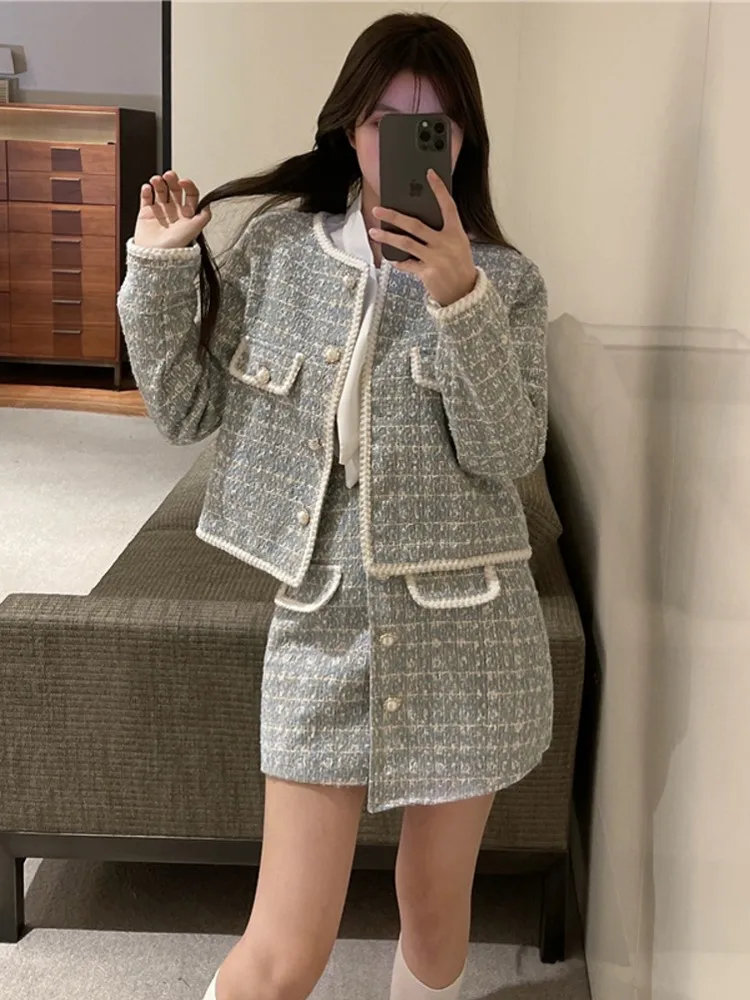

Женский твидовый костюм с юбкой, элегантный комплект из двух предметов, куртка и юбка с высокой талией, Осень-зима 2023