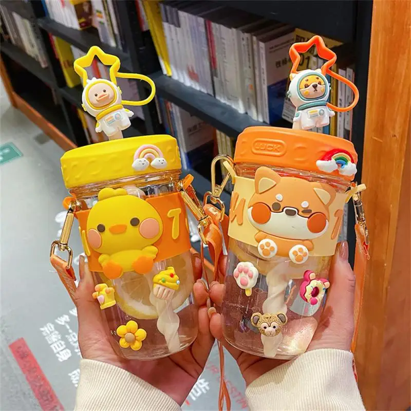 

500ml Suction Straw Cup Tube Cup High Color Value Cup Cute Cup Girls Super Cute Children Student Portable Belt Net Red Bear Cup
