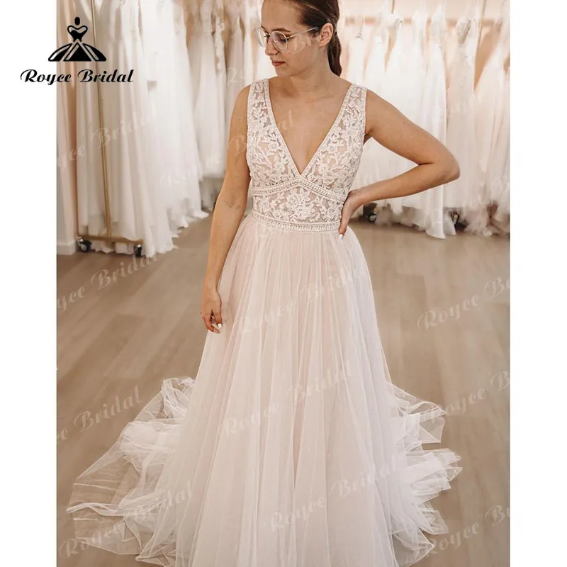 

trouwjurk Robe de mariee Boho A Line Sleeveless Wedding Dress V Neck Backless Lace Bodice Beach Bridal Gown Wedding Party Gowns