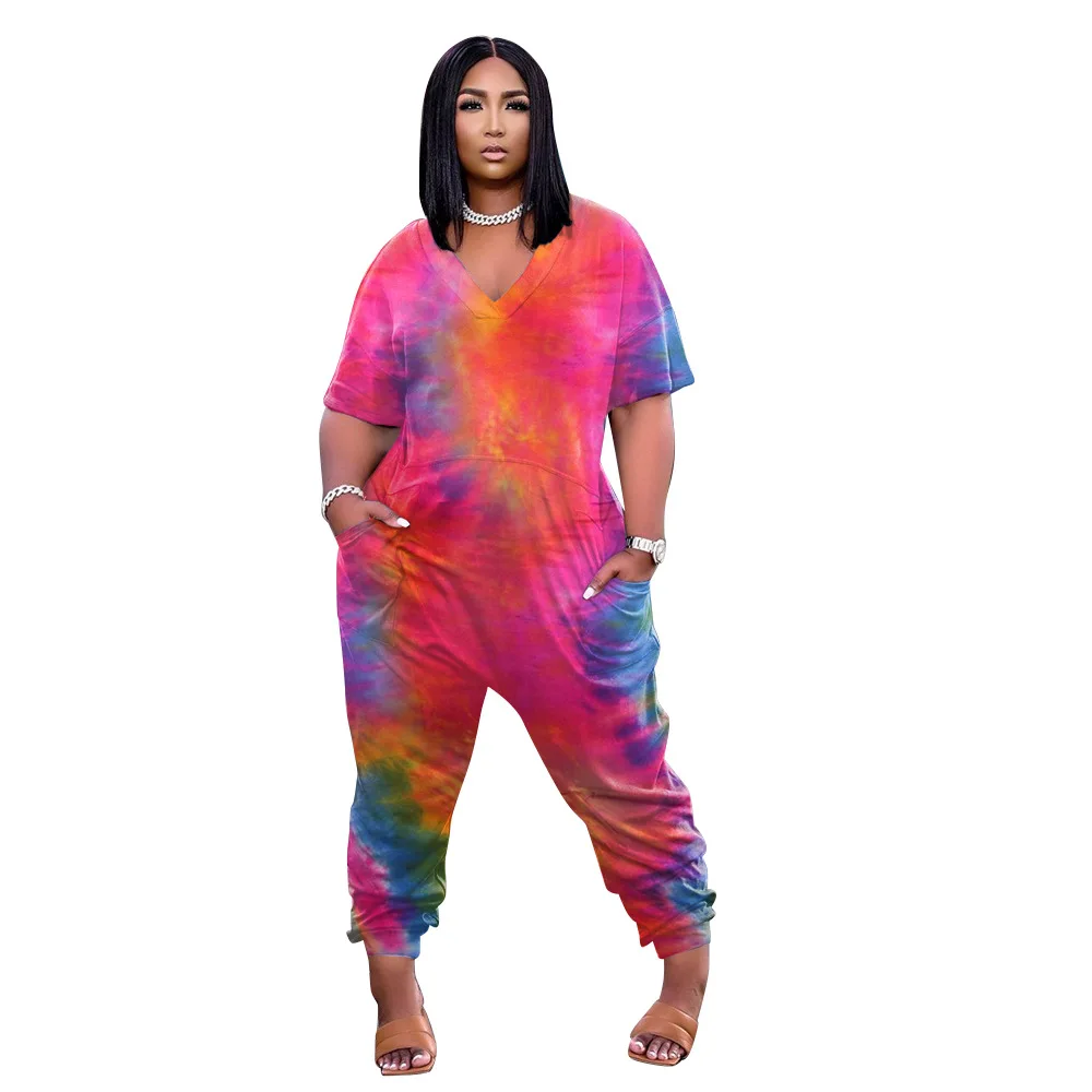 Plus Size Women Jumpsuit Tie Dye Print Pocket One Piece Cloth Female Fashion Pencil Pants  2023 Summer Lady Elegant Jumpsuits