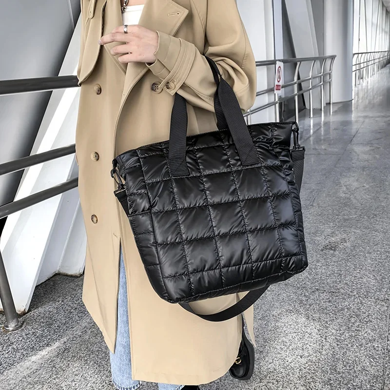 

Winter Shoulder Bags For Women2023 Quilt Padded Black Nylon Handbag Large Capacity Travel Shopper Cotton Totes Female Cross Bags