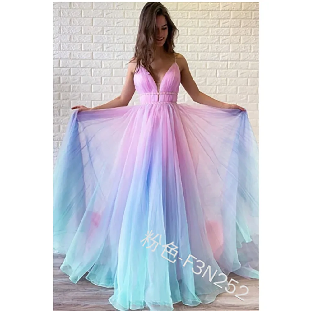 

WEPBEL Floral Printed Dress Women's Sexy Autumn Fashion Spaghetti Tie-Dye Gradient Color Strap V-neck High Waist Dress