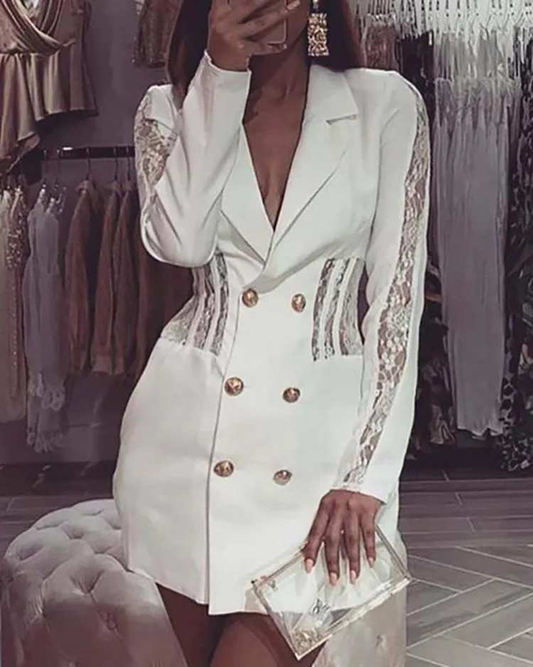 

Women's Suit Collar Lace Splicing Slim Professional Blazer Dress 2022 Spring Autumn New Long Sleeve Double-breasted Jacket Dress