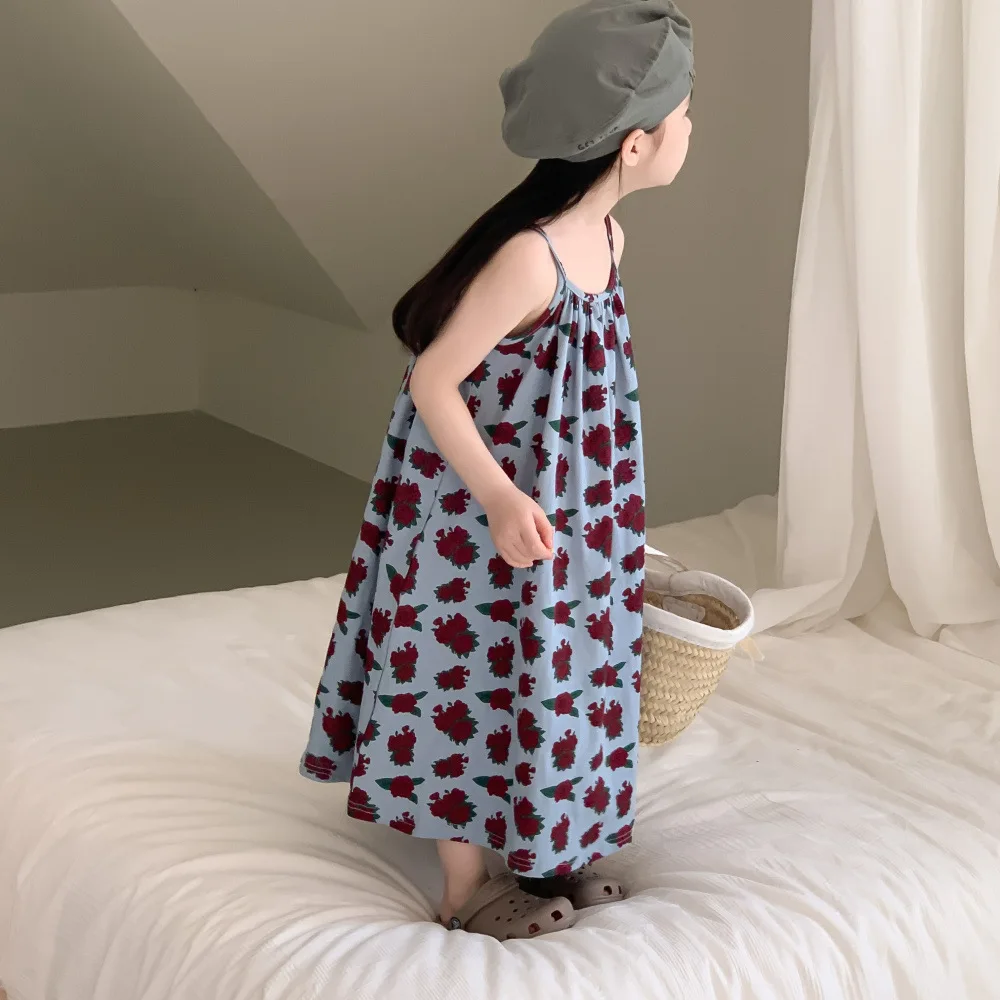 

2023 Summer New Baby Girls Korean Flower Sleeveless Sling Long Skirt Children Full Print Rose Kids Fashion Temperament Dress