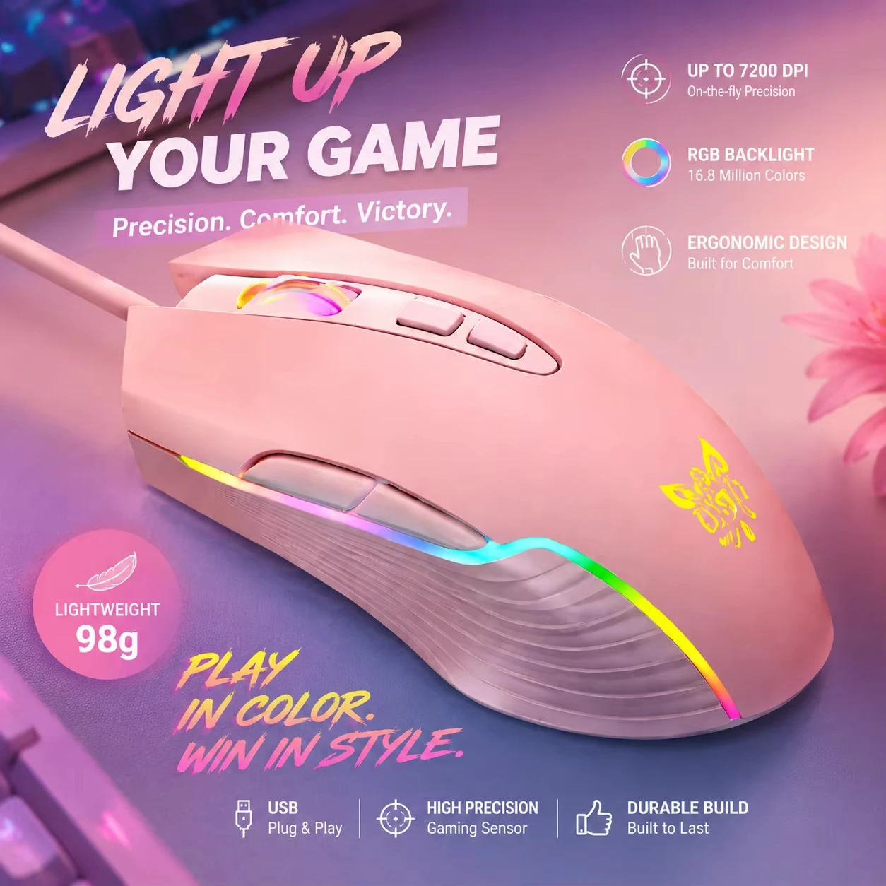 Фото Проводная игровая мышь 6400DPI, 7 кнопок, эргономичная, с RGB-подсветкой, оптическая, для ПК, ноутбука, настольного компьютера, геймеров, розовая, белая, фиолетовая №3