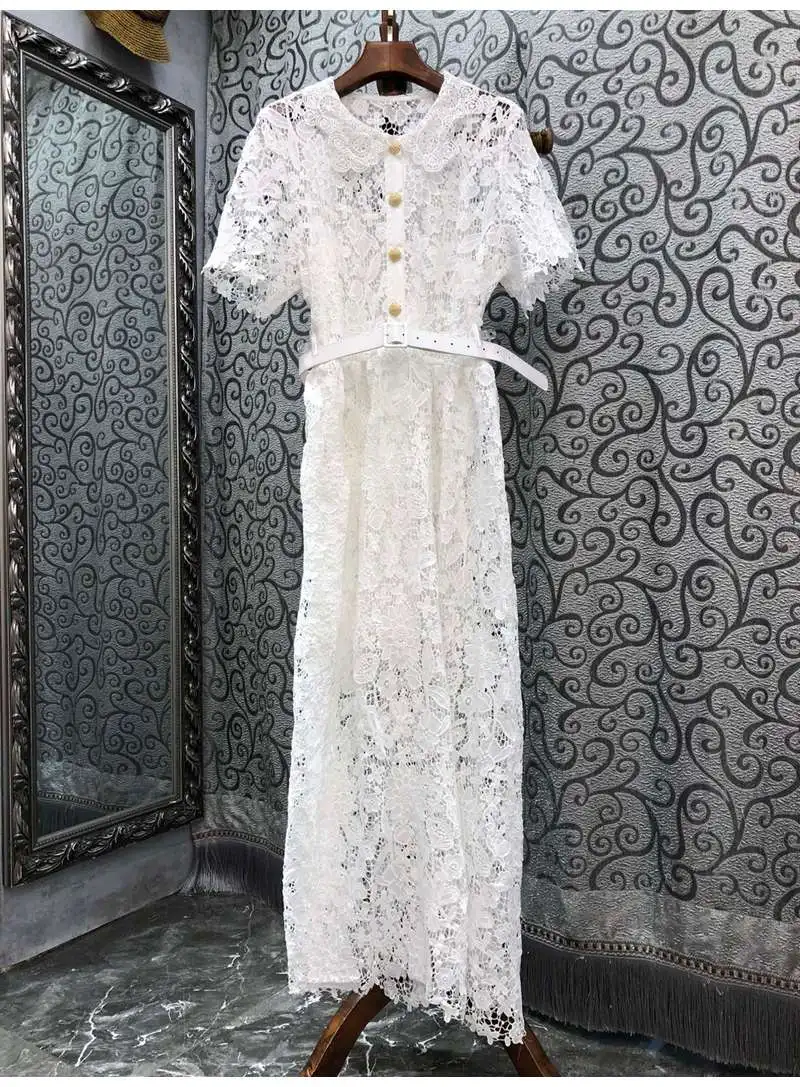2022 Summer Fashion Long Lace Dress High Quality Clothing Women Turn-down Collar Allover Crochet Lace Embroidery Long Maxi Dress