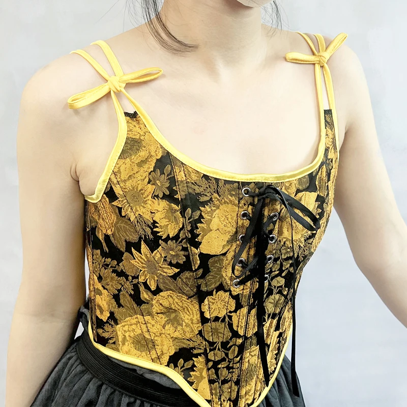 

Women's Vintage Oil Painting Jacquard Overbust Corset Bustier Tops Lace Up French Style Body Shaper Plastic Boned Camisole Crop