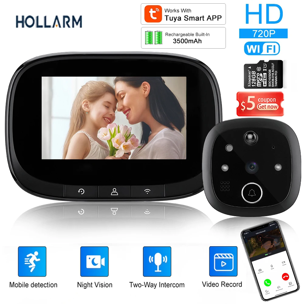 Hollarm Tuya Peephole Doorbell Waterproof Wifi 4.3 Inch Video Door bell PIR Movement Detection Eye Video-eye Smart Home Security