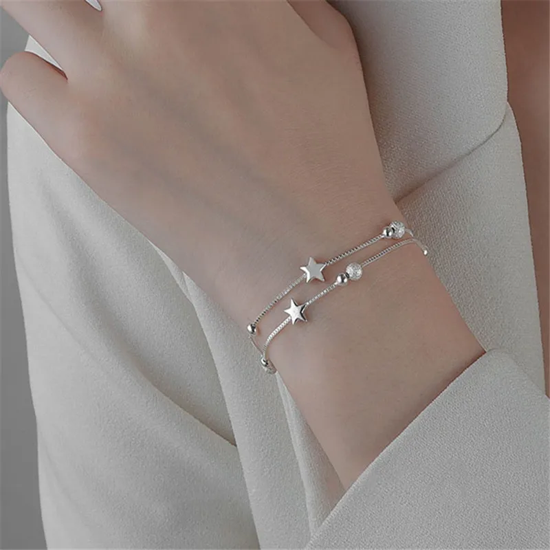 

Женские браслеты из стерлингового серебра 925 пробы, аксессуары для девушек, модная Элегантная двухслойная Цепочка Из звёзд, бижутерия для в...