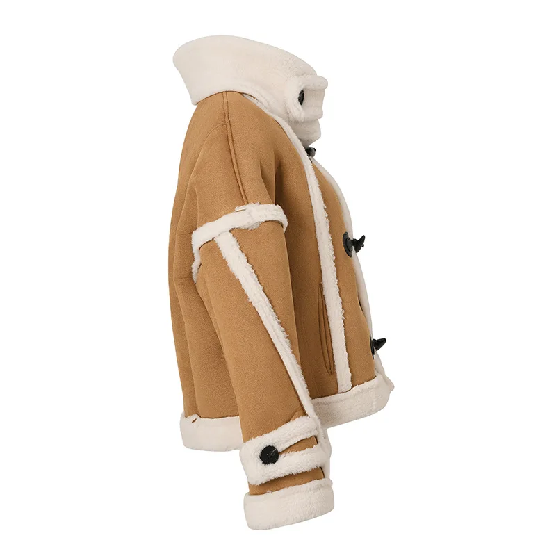 KoHuiJoo 2022 Winter New Lambswool Outerwear Women Stand Collar Suede Fashion Loose Thick Cotton Padded Coat Woman Horn Buckle