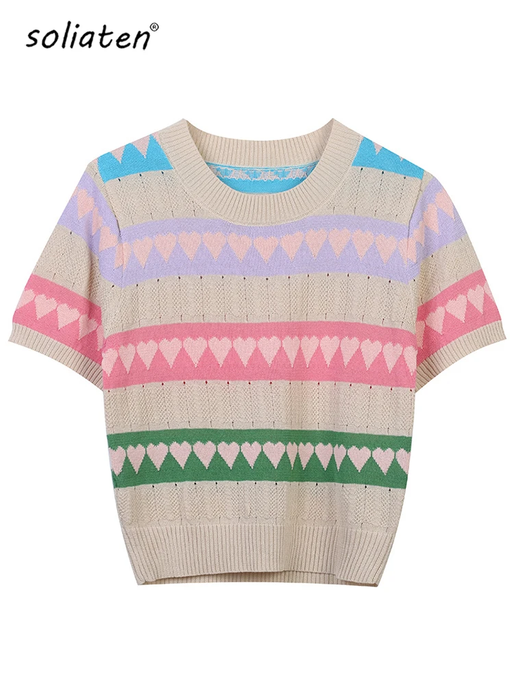 

Women Fashion Love Striped Cropped Knit T-shirts Short Sleeve Female Chic Tops Korean Style B-082