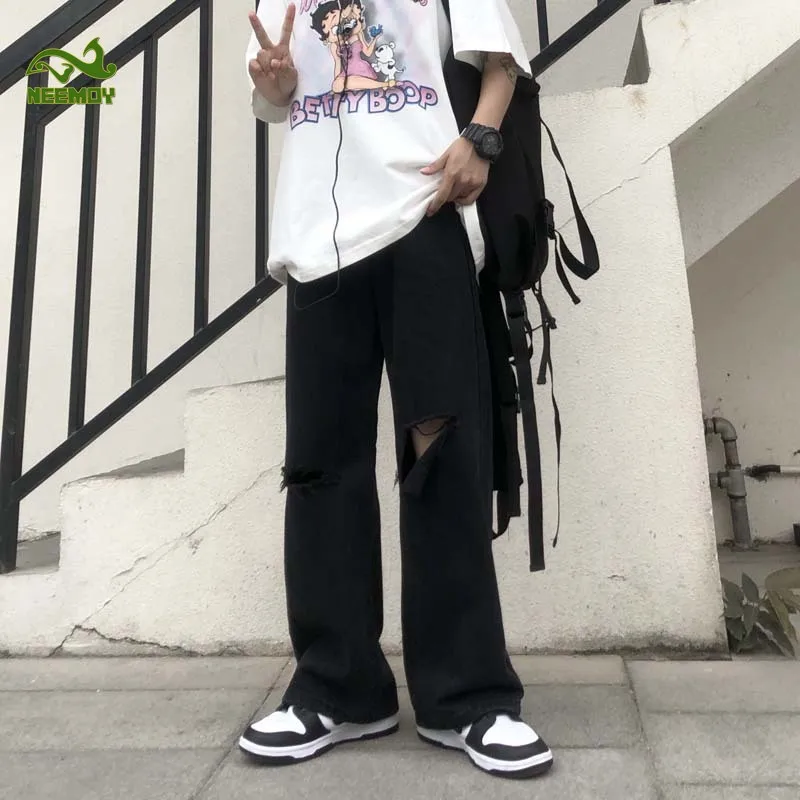 Neemoy 2022 New High Street Ripped Hole Jeans Oversize Men Fashion Loose Streetwear Straight Trouser Black Wide Leg Pants