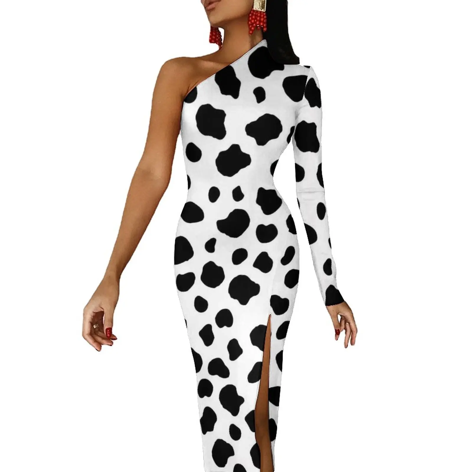 

Black Dalmatian Long Dress Woman Cow Print Party Maxi Dress Summer Elegant Bodycon Dresses Side Split Pattern Vestido
