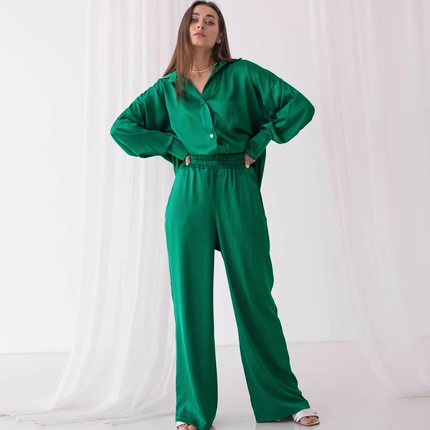 Turn Down Collar Women Pajamas Set 2-Pieces Set Spring Autumn Pj Set Sleepwear Homewear Satin Pyjamas Set