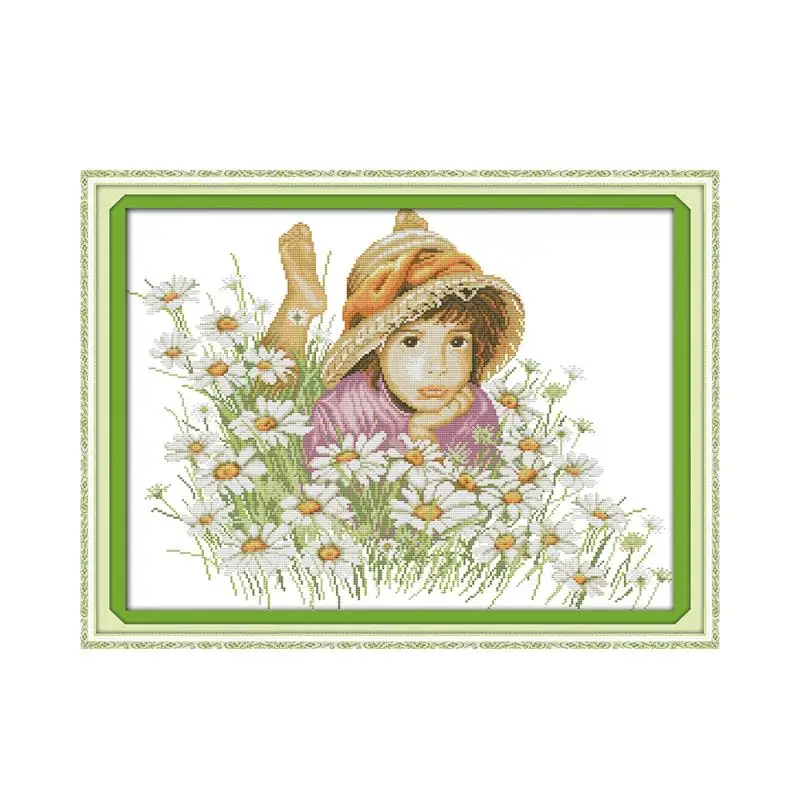 Картина "Маленькая девочка в саду цветов" считанная печать на холсте 14CT 11CT DMC Наборы для вышивания крестиком Наборы для рукоделия Вышивка.