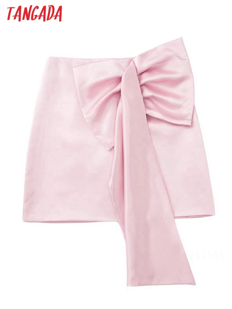 

Tangada 2022 Women Pink Bow Cozy Mini Skirt Vintage High Waist Back Zipper Female Skirts 3H497