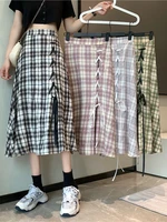 plaid skirt womens korean style high waist a line mid length straps large swing umbrella green skirts