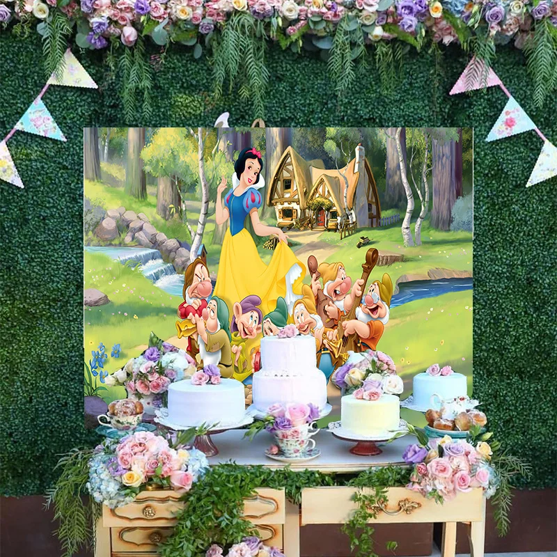 

Cartoon Disney Cute Seven Dwarfs Snow White Girls Princess Photo Backdrop Happy Birthday Party Decoration Backgrounds Banner