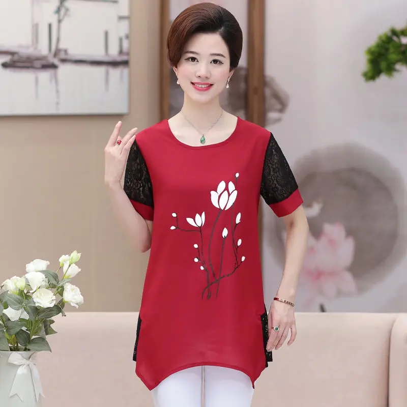 

2022 New Summer Middle Aaged Women Short Sleeve O-Neck Chiffon Blouse Tops Female Milk Silk Plus Size 4xl Shirt Vestidos W54