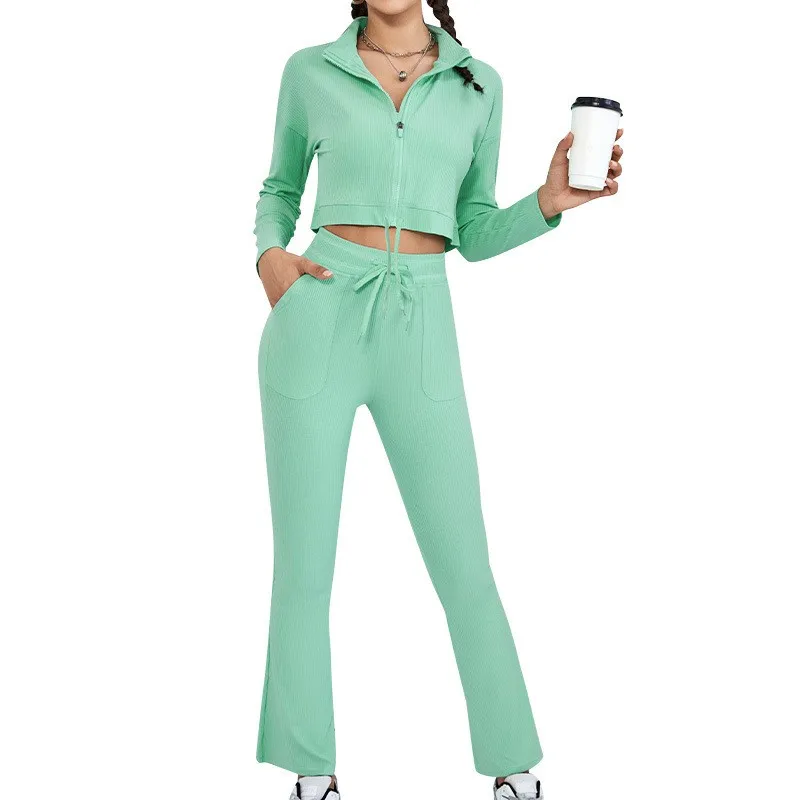 New Solid Drawstring Breathable Shockproof Gathering High Waist Hip Pants High Neck Zipper Slim Fit Top Sports Fitness Yoga Set