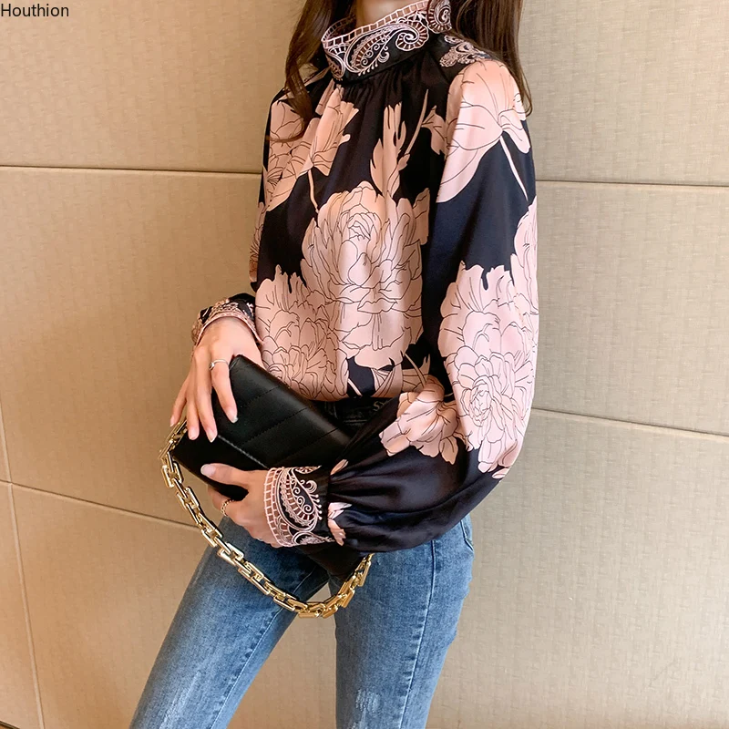 Spring and Autumn Slim All-match Women's Shirts St-up Collar Long Sleeve Printing Shirt New Fashionable  Casual