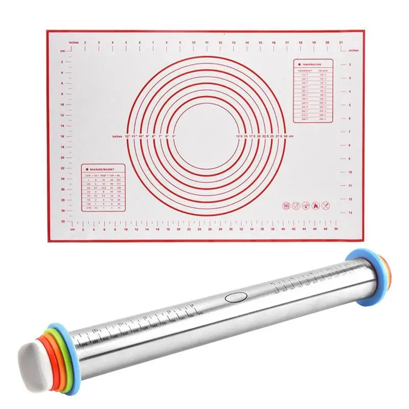 

Rolling Pin With Thickness Rings Stainless Steel Dough Roller With Pastry Baking Mat Include Pastry Baking Mat Dough Roller For