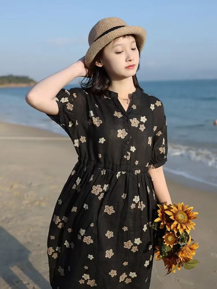 Платье женское хлопково-льняное с цветочным принтом свободное ТРАПЕЦИЕВИДНОЕ