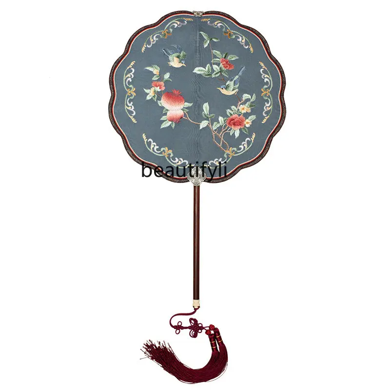 

yj Suzhou Archaistic Circular Fan Handmade Embroidery Vintage Silk Temple Fan Chinese Double-Sided Embroidery Fan