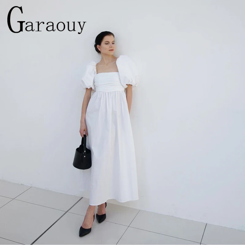 

Garaouy2022 Summer Women Slim Waist Dresses Square Neck Puff Sleeve Midi Dress Bohemian Beach Party Elegant Female Vestidos Robe