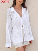 ootn summer thin print blouse woman lapel loose flowers button up shirts for women long sleeve pleated streetwear outing blusa