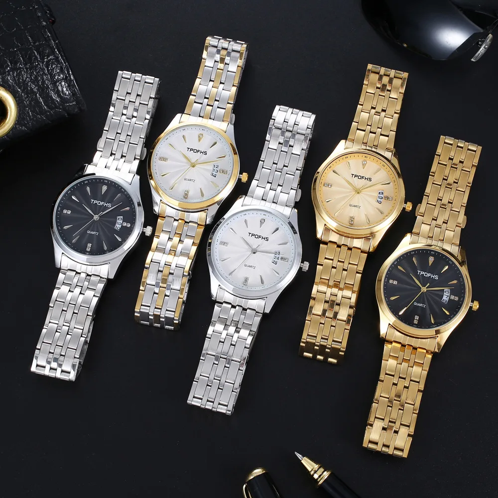 TPOFHS Waterproof Men's Steel Band Watch Rhinestone Scale Calendar Watch Men's Corrugated Gold Watch