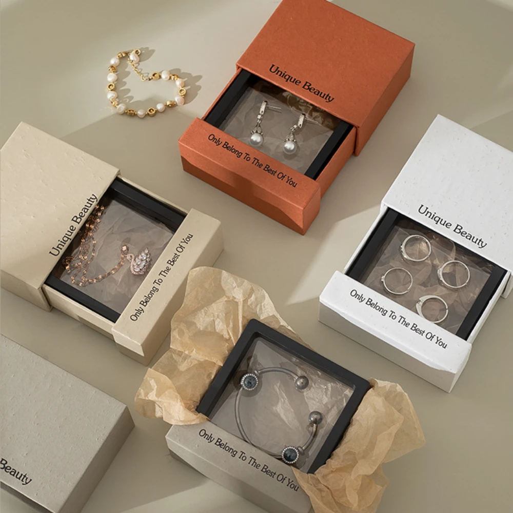 10 Set Cardboard Paper Jewelry Gift Box with Plastic & PE FILM Floating Frame Display Case for DIY Nail Art Rings Bangle Storage