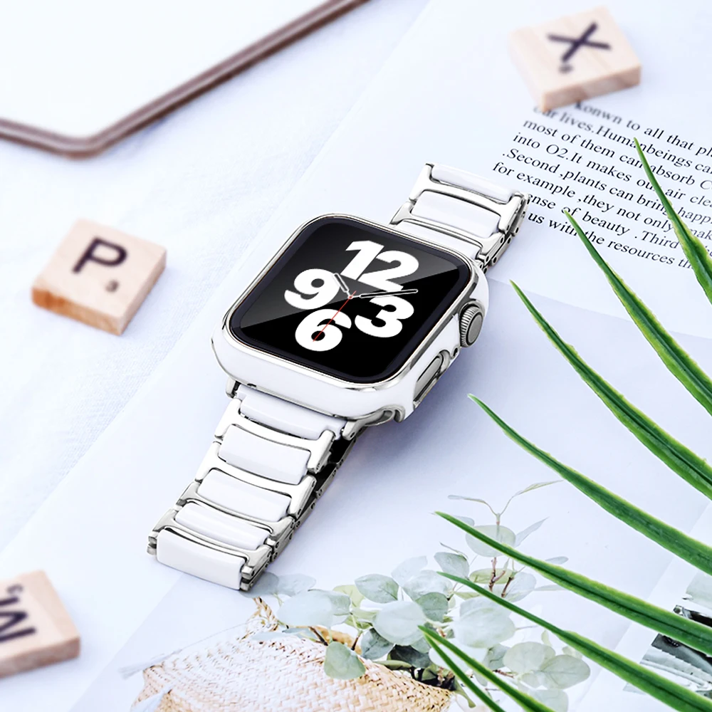 Керамический ремешок и чехол для Apple Watch band 44 мм 45 42 звеньевой браслет iWatch series 7 6 5 4 3